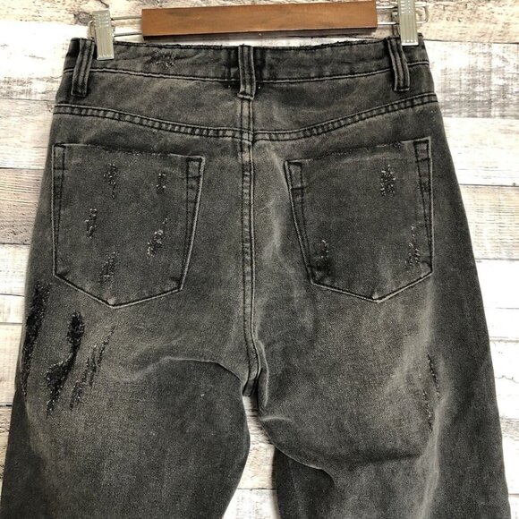 Princess Polly High Rise Distressed Raw Hem Destroyed Ankle Zip Jeans 4 Black - Picture 4 of 12